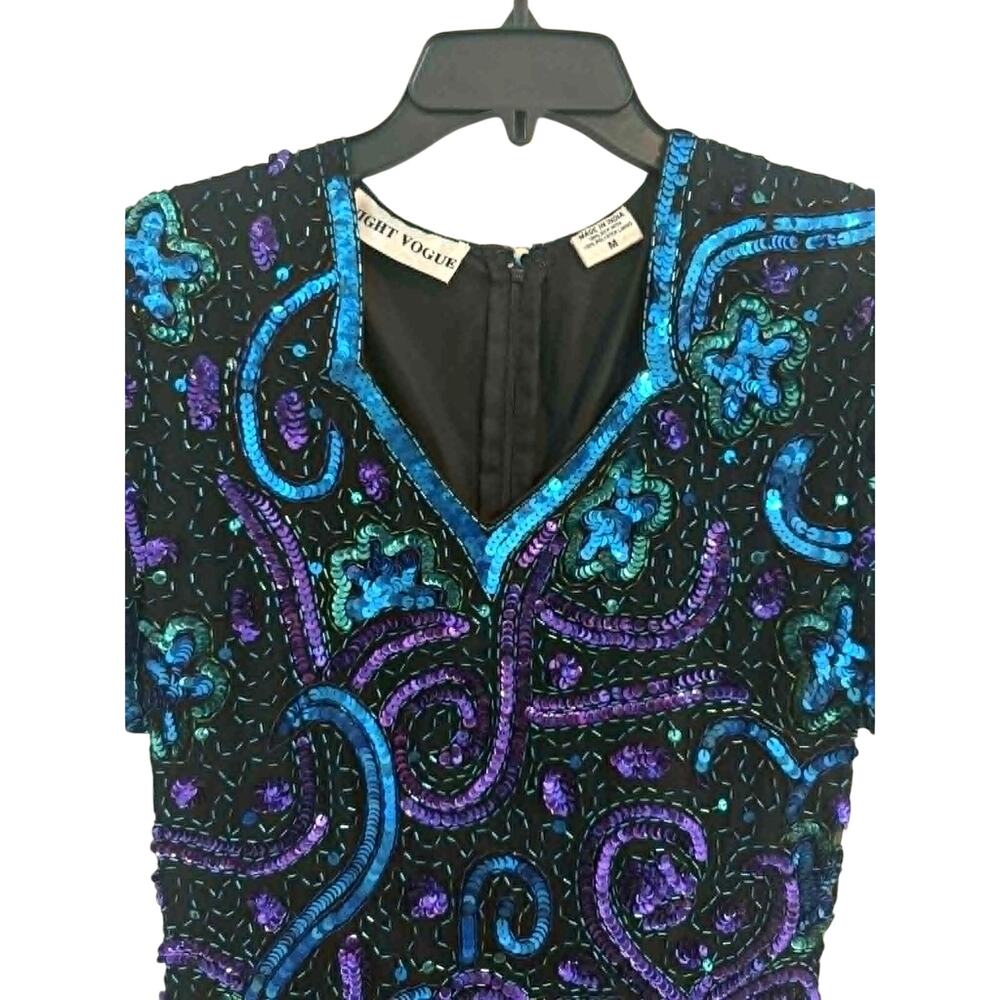 Vintage Night Vogue Sequin Beaded Dress Blue Purple Cocktail 1980s Size M SILK - Picture 3 of 5